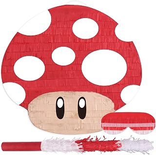 Birchio Mushroom Pinatas Bundle with a Blindfold and a Bat(16.5 x 12 x 3.5 Inches), Perfect for kid's Birthday Parties, Mexican Theme Parties, Decorations