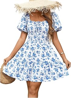 Floerns Women's Boho Square Neck Puff Short Sleeve Self Tie Front A Line Dress