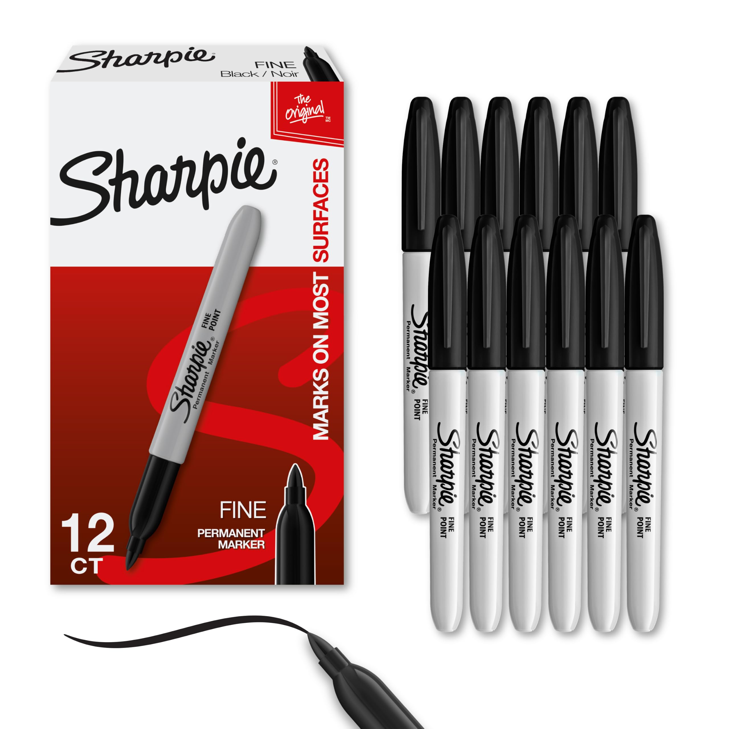 Sharpie Permanent Markers, Fine Point, Black, 12 Count