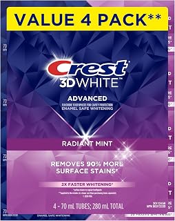 Crest 3D White Advanced Teeth Whitening Toothpaste, Radiant Mint, 70 Ml (Pack of 4)