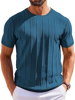 Coofandy Camisetas de Punto de Manga Corta para Hombre, Estilo Casual, Cuello Redondo, Acanalado