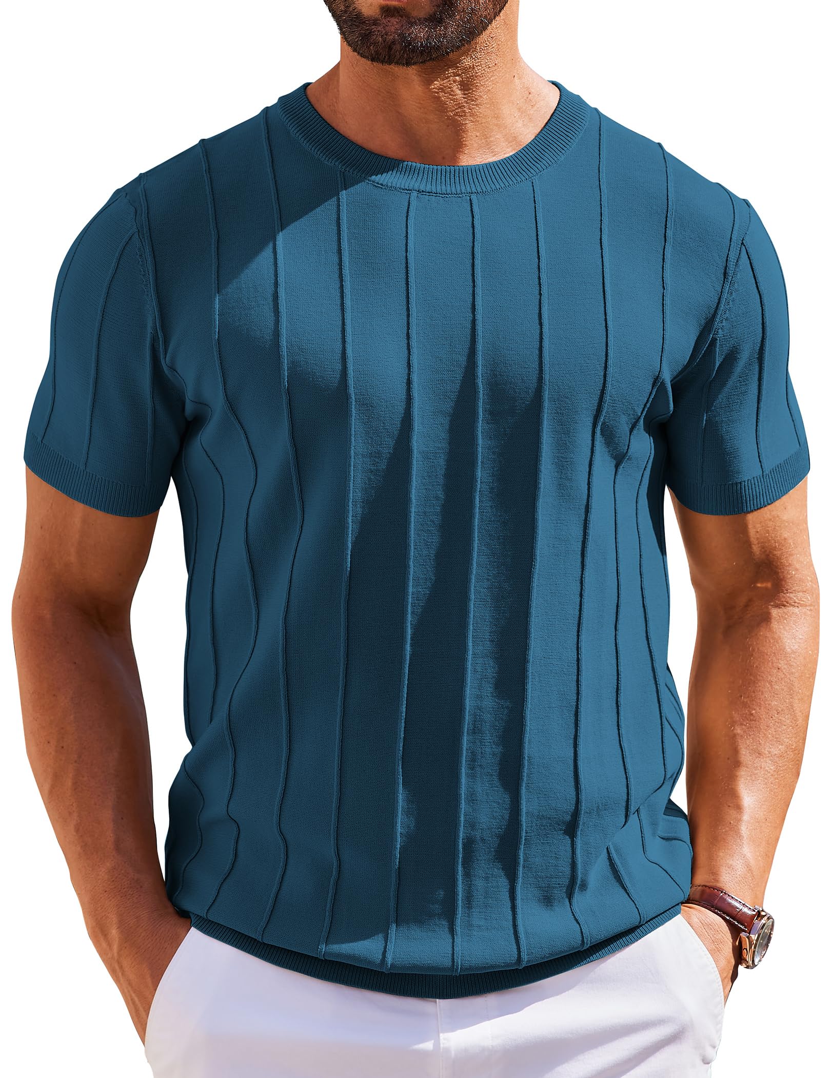 Coofandy Camisetas de Punto de Manga Corta para Hombre, Estilo Casual, Cuello Re