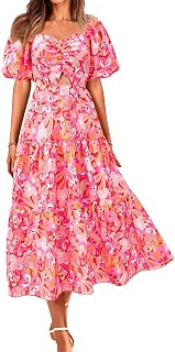 BTFBM Summer Dresses for Women 2026 Spring Outfits Beach Vacation Short Sleeve Smocked Boho Casual Floral Maxi Dress