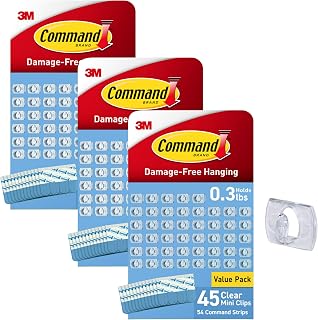Command Clear Mini Light Clips, 3 Pack with 45 Pieces and 54 Strips Per Pack, Damage-Free Adhesive Mounting for Indoor String and Fairy Lighting on Painted Walls, Finished Wood, Glass, Tile, Metal