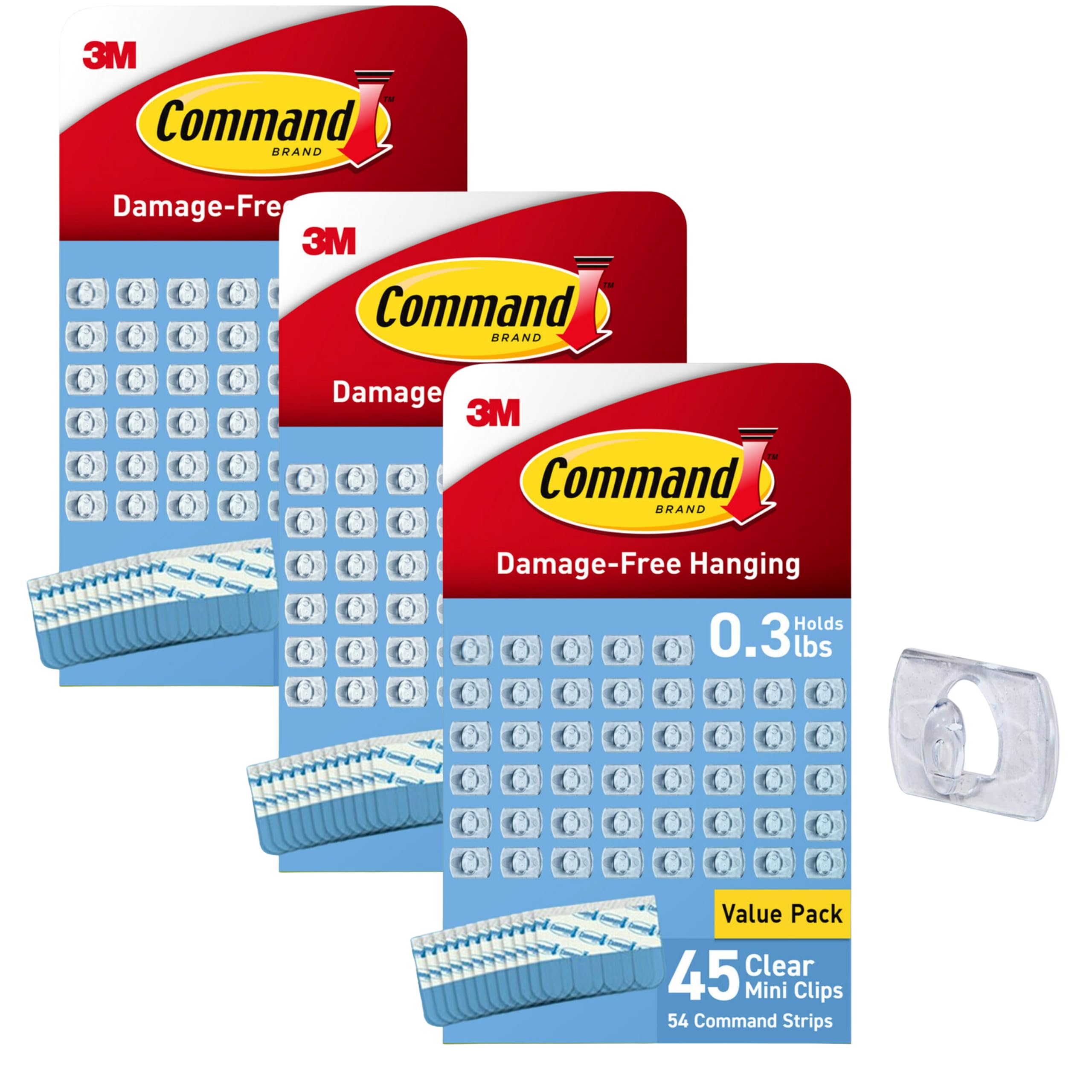 Command Clear Mini Light Clips, 3 Pack with 45 Pieces and 54 Strips Per Pack, Da