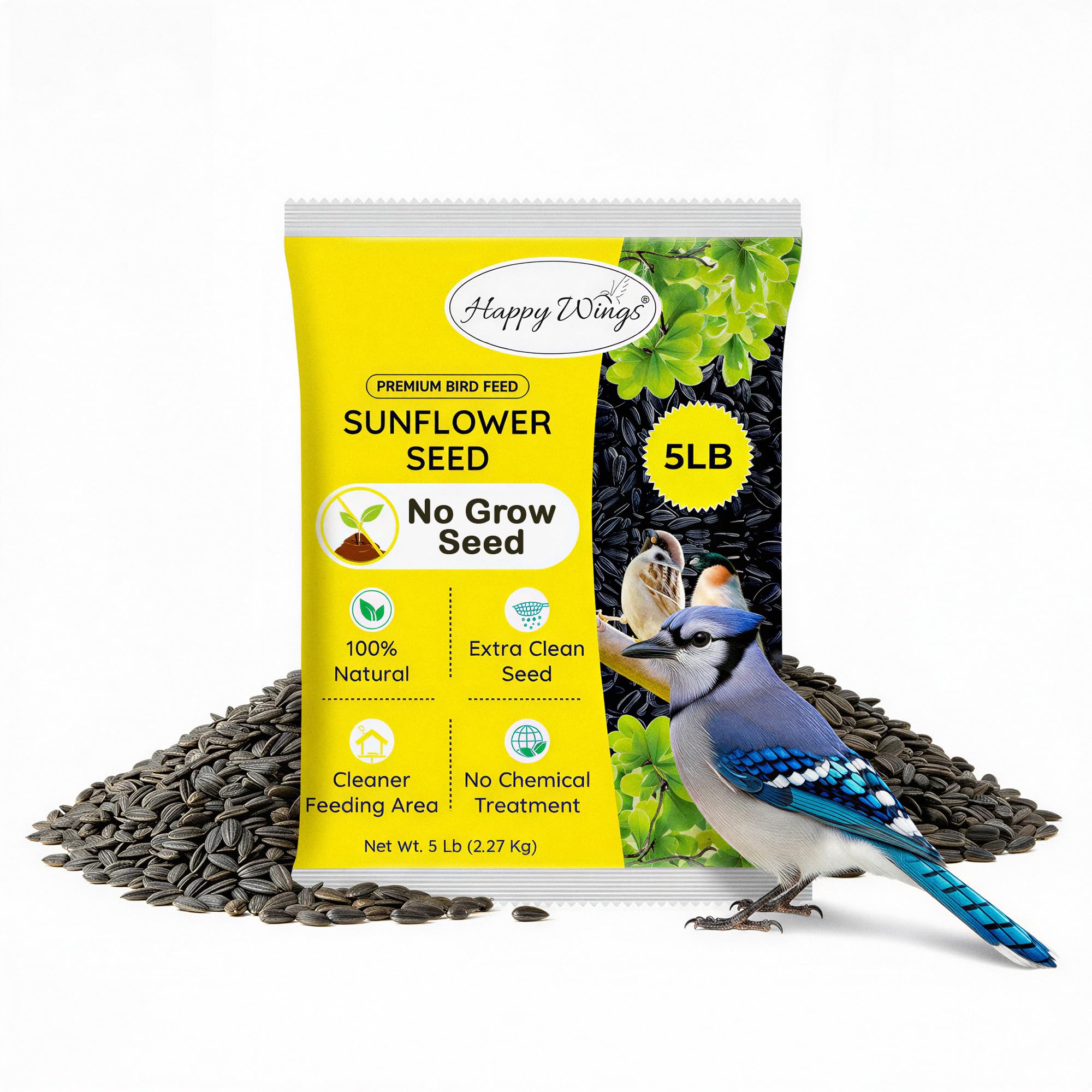 Happy Wings 5 LB Black Oil Sunflower Seeds Bird Food, No Waste Bird Seed | High 