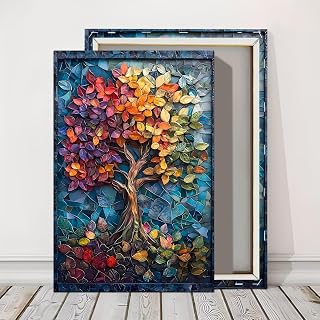 Colorful Abstract Tree Mosaic Framed Wall Art Canvas Ready to Hang for Home Decor Gift Idea for Living Room Bedroom Office Festival Party