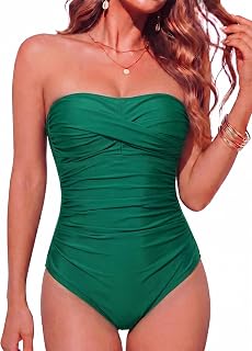 Smismivo Women's One Piece Bustier Swimsuit Tummy Control Removable Adjustable Straps Slimming Headband Slim Elegant Vintage Ruched Effect Padded Swimsuit