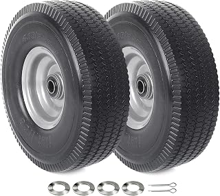 (2-Pack) AR-PRO 10 x 3.50-4” Solid PU Run-Flat Tire Wheel - 10” Flat Free Tubeless Tires and Wheels for Utility Equipment - 5/8” Axle Bore Hole, Offset Hub, and Double-Sealed Ball Bearings
