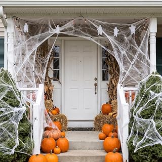 80g Halloween Spider Web with 30 Fake Spiders - Indoor Outdoor Decoration | Covers 300 sq ft, artificial fibre, stretchable cobweb, realistic effect, windows, doors, garden, porch, party, easy removal