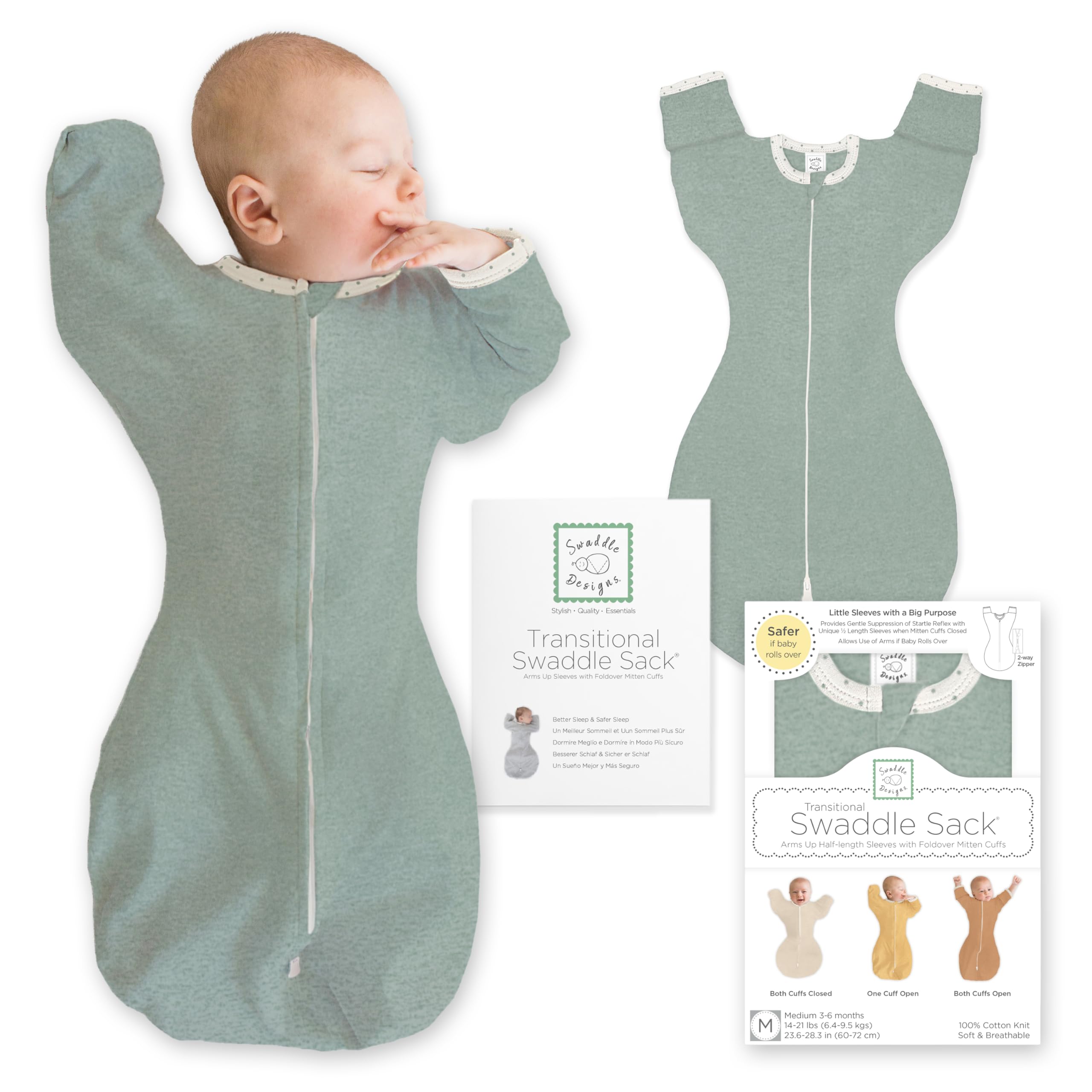 SwaddleDesigns Transitional Swaddle Sack, Cotton, Heathered Jadeite, 0-3mo | Arm
