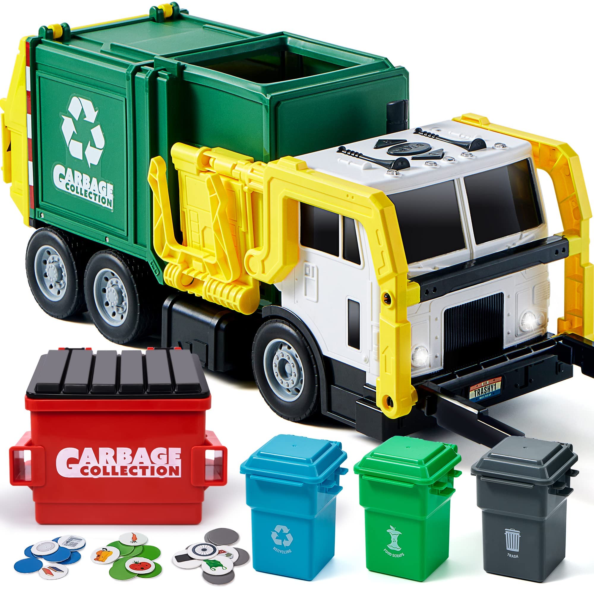 JOYIN Large Friction Powered Garbage Truck Toy Set, Includes 1 Dumpster, 3 Trash