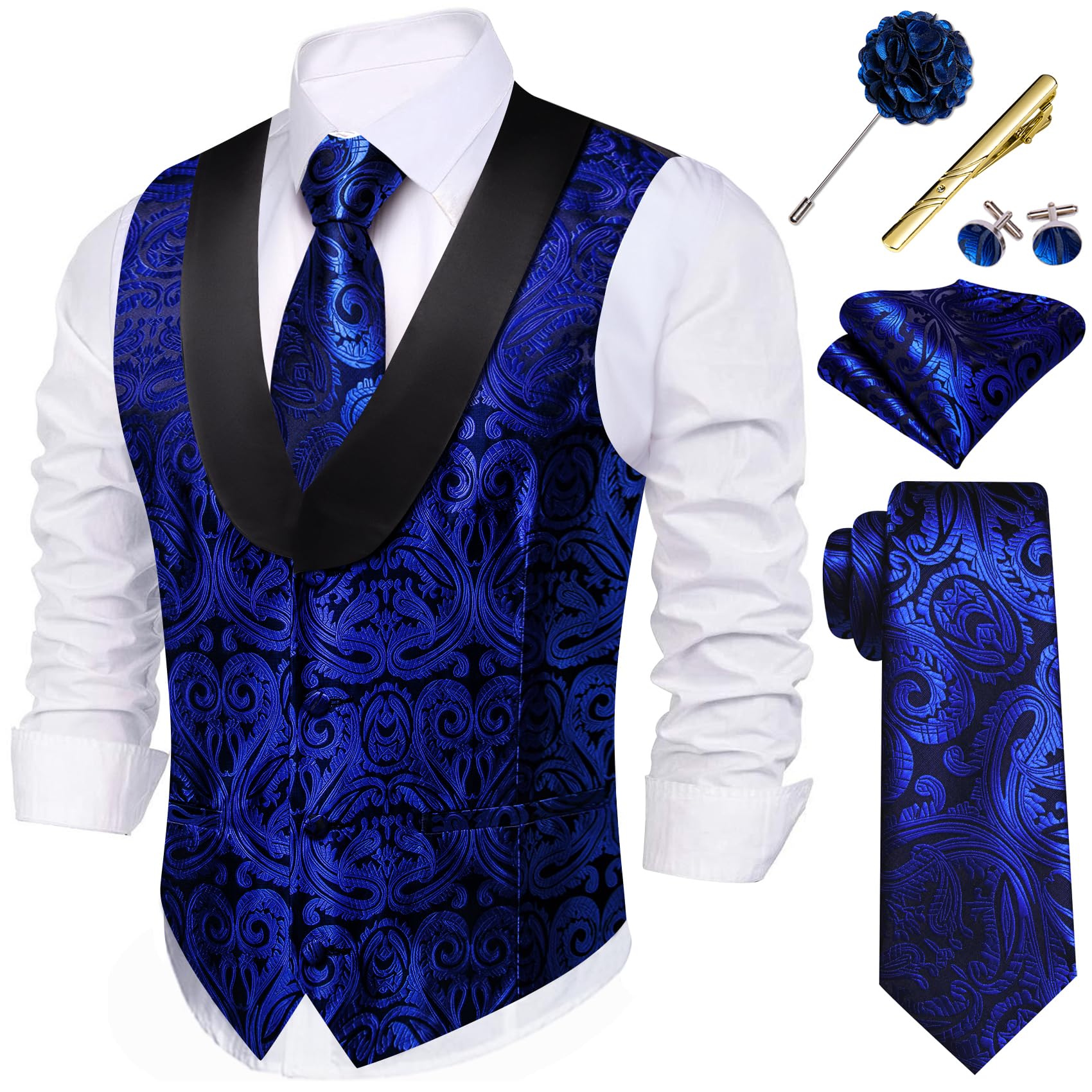 Barry.Wang Men's 6 Piece Paisley Jacquard Silk Vest Shawl Collar Set