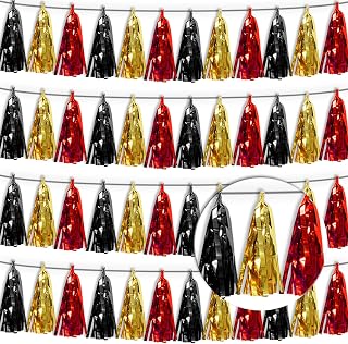 4P Red-Black Gold Tassel Banner Garland Metallic Foil Fringe Banner Tinsel Tassels Streamer Banner Backdrop for Parade Floats, 2027 Graduation Decorations, Baby Bridal Shower Party Decoration