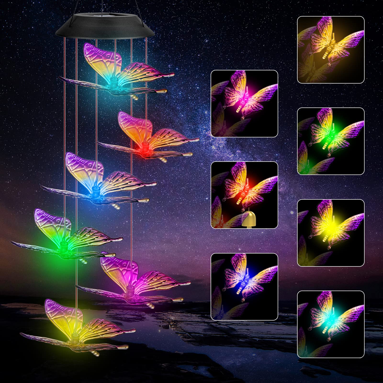 Ninonly Solar Wind Chime, Color Changing Butterfly Solar Lights Outdoor | 6 Colo