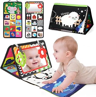 BBWOO Tummy Time Mirror Toys, High Contrast Baby Toys for Newborn | Visual Stimulation Black and White Baby Toys, Sensory Crinkle Book Toy for Infant 0-3-6-12 Months, Boy Girl Shower Gifts