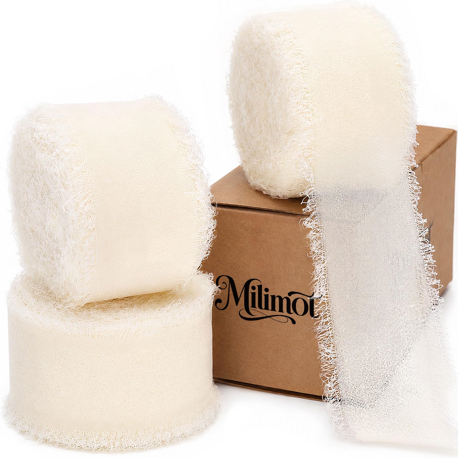 Milimot 3 Rolls Ivory Ribbon,Cream Frayed Chiffon Ribbon,1 Inch x 24 Yards | Han