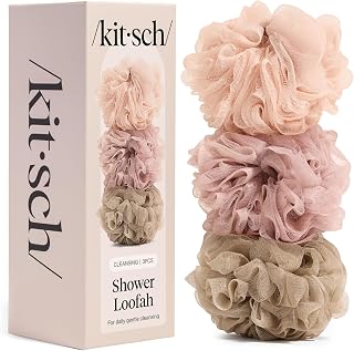 Kitsch Shower Loofah – Soft Mesh Body Scrubber &amp; Bath Sponge - 3pc Set | for Daily Gentle Cleansing – Durable Loofah for Men and Women with Hanging Loop – Eco-Friendly, 100% PCR Material