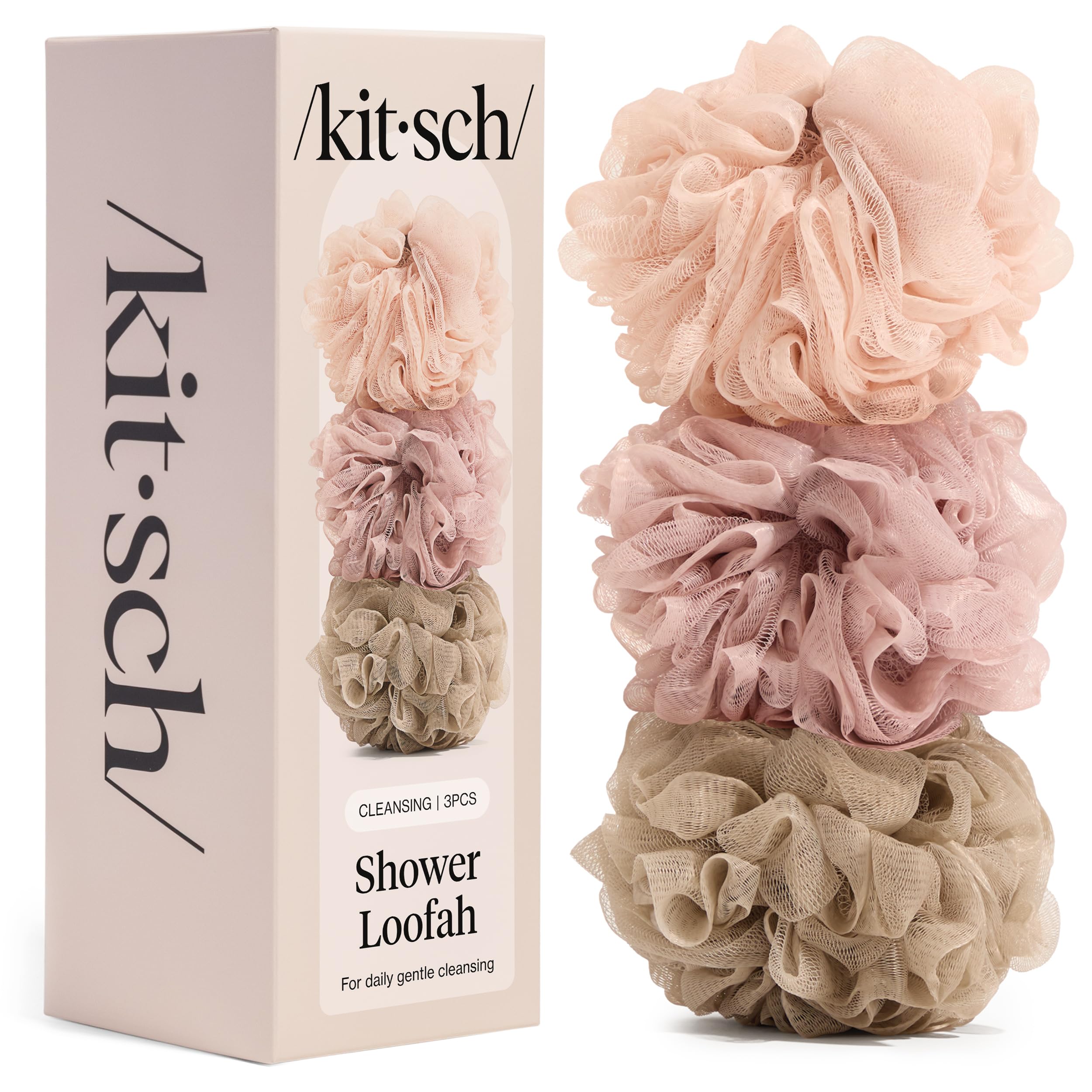 Kitsch Shower Loofah – Soft Mesh Body Scrubber &amp; Bath Sponge - 3pc Set | for