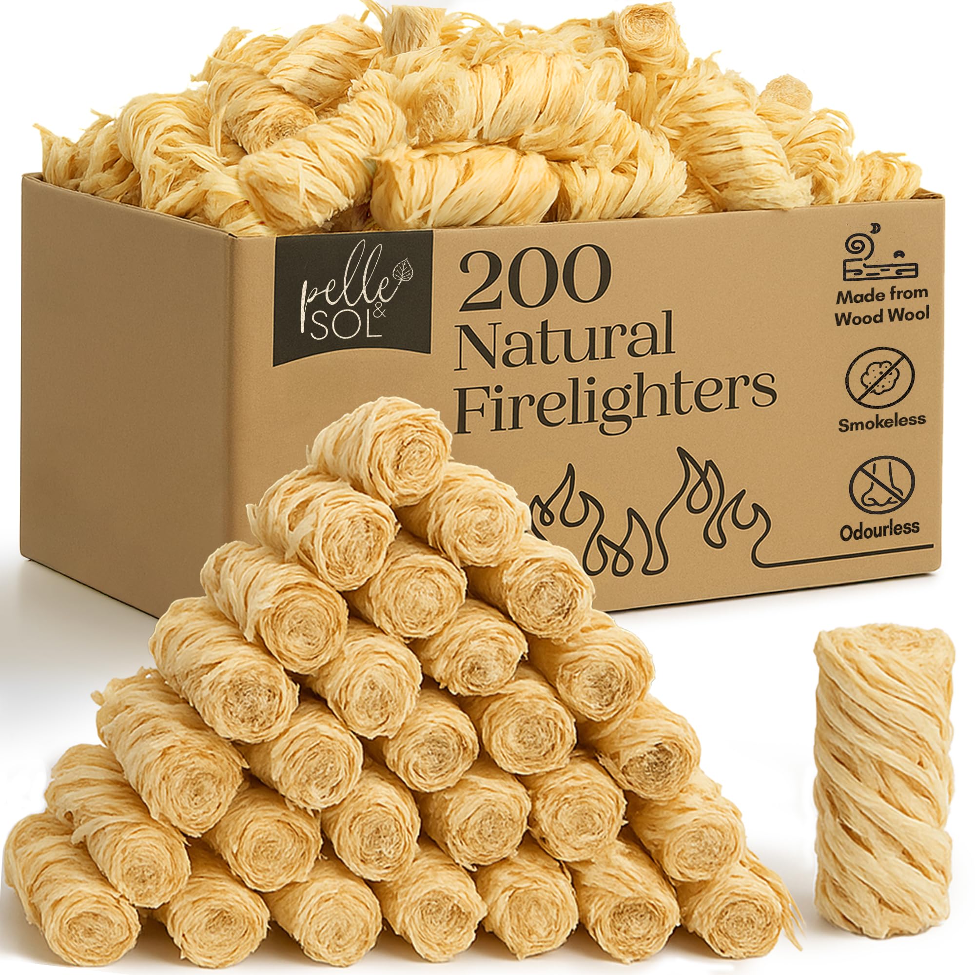 Pelle & Sol 200 Natural Firelighters – Long Burning Fire Lighters for Wood Burne