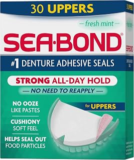 SEA-BOND Denture Adhesive Seals, Fresh Mint, Uppers, 30 Count (1 Pack) | Zinc-free fresh mint denture adhesive seals for all-day hold without mess. Soft cushiony seal provides comfort & confidence.