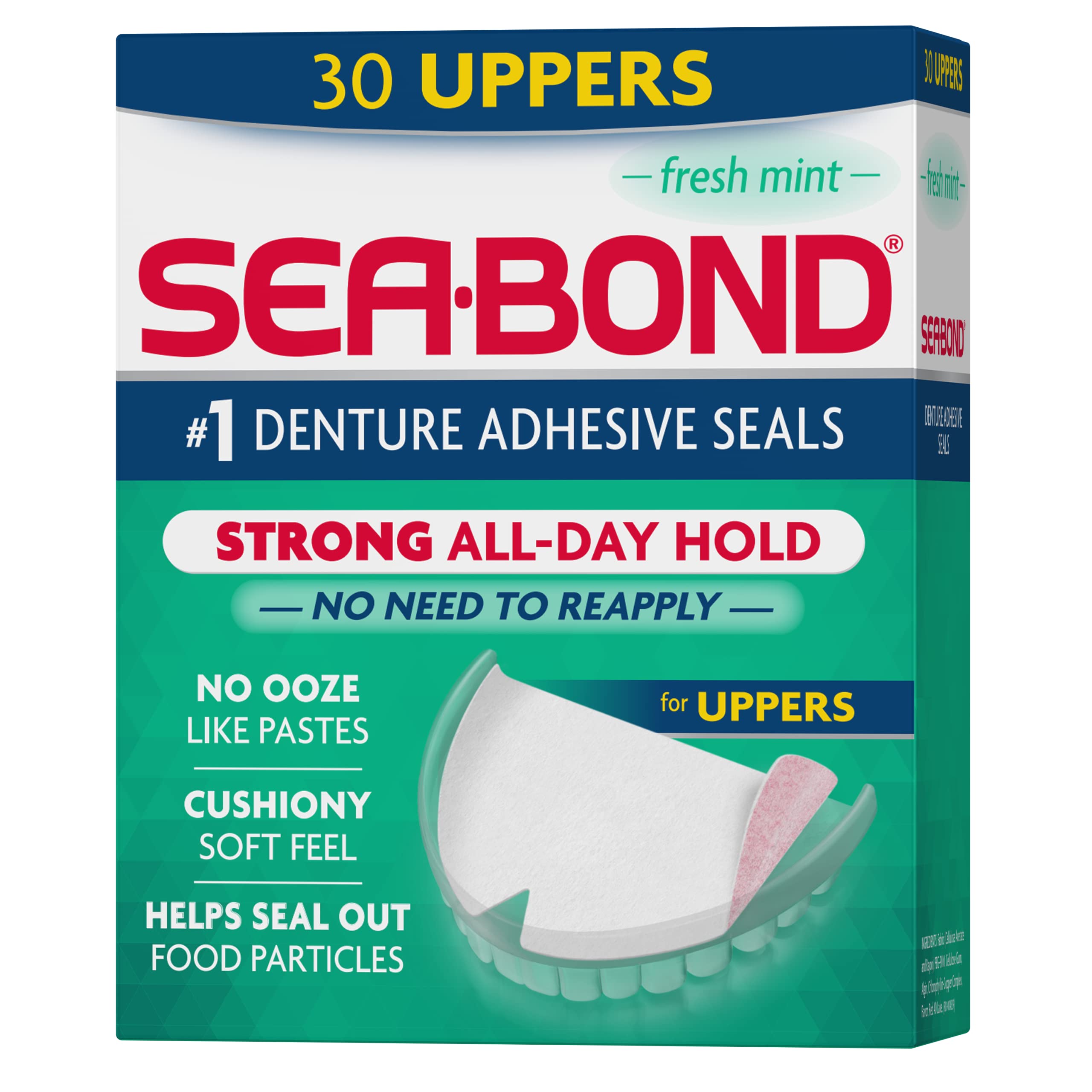 SEA-BOND Denture Adhesive Seals, Fresh Mint, Uppers, 30 Count (1 Pack) | Zinc-fr
