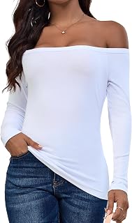 ASAIR Off The Shoulder Tops for Women Long Sleeve Shirts Ribbed Basic Trendy Stretchy Lightweight Tops