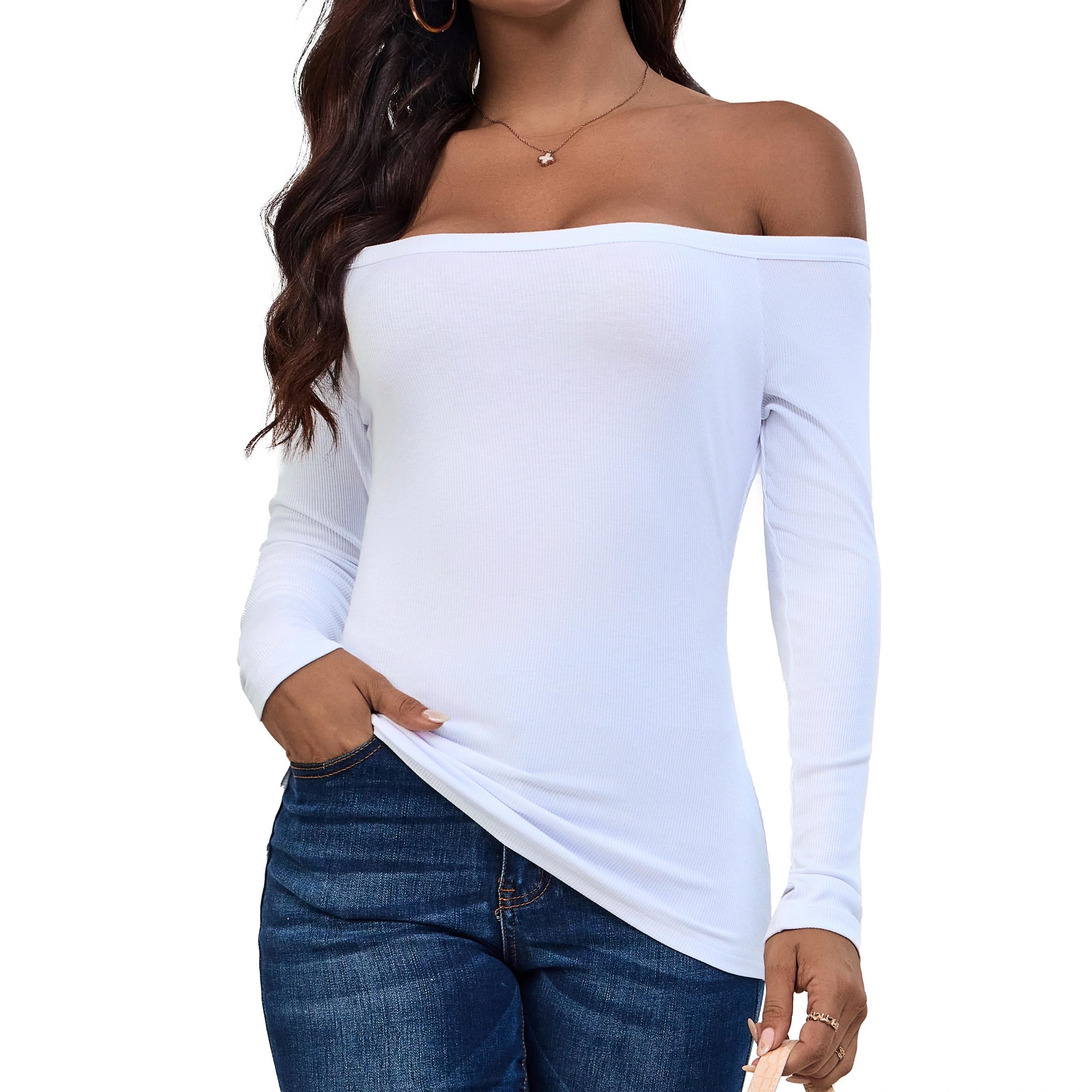 ASAIR Off The Shoulder Tops for Women Long Sleeve Shirts Ribbed Basic Trendy Str