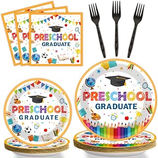 Preschool Graduation Party Supplies Pre-K Grad Tableware Set Kindergarten Graduation Plate Napkin Kindergarten Disposable Paper Dinnerware Kit for Graduate Party decoration Favor 24 Guest (White)