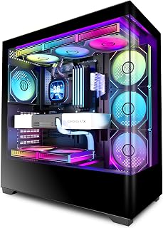 PCZZOI ARGB Panoramic Mid-Tower PC Case – 7x Pre-Installed Fans, Mid Tower Computer Case with Full-View Dual Tempered Glass, ATX Gaming PC Case,Black,P4