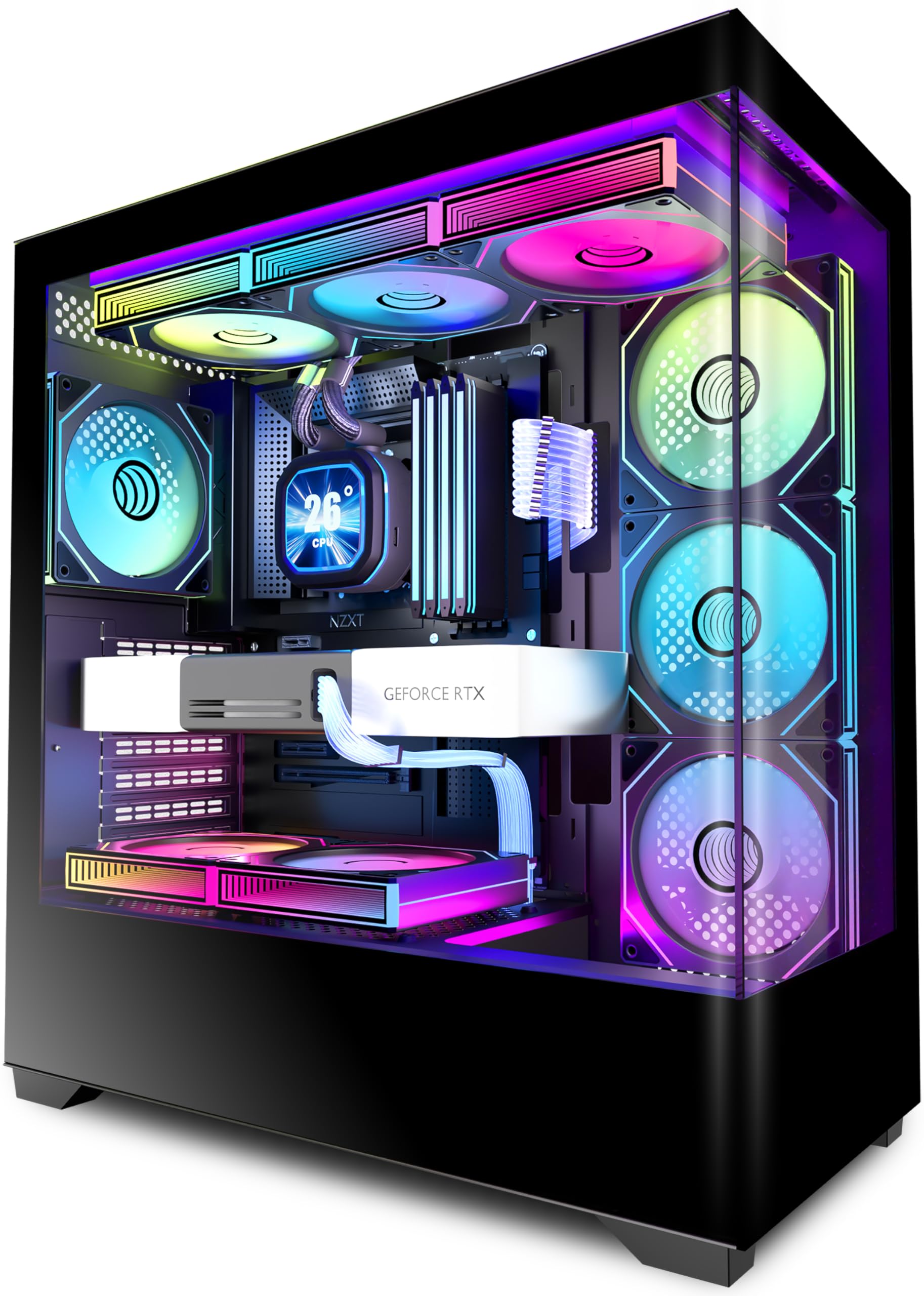 PCZZOI ARGB Panoramic Mid-Tower PC Case – 7x Pre-Installed Fans, Mid Tower Compu