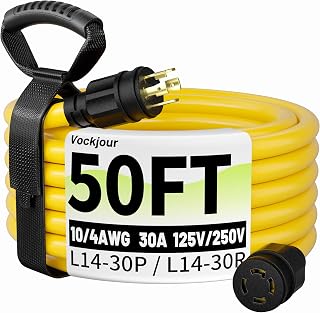 Vockjour 50FT L14-30P/L14-30R 30 Amp Generator Extension Cord, ETL Listed | 4 Prong 30 Amp Extension Cord Outdoor Heavy Duty for Camper, Home Emergencies, Power Cord Yellow, STW 10AWG 125V 3750W 50Feet