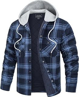TACVASEN Men's Hooded Plaid Flannel Shacket Quilted Lined Warm Jacket