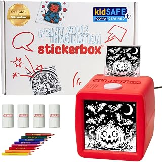 Hapiko Stickerbox AI Voice-Powered Mini Sticker Maker for Kids | Portable thermal inkless printer, 3 paper rolls & 8 colored pencils, Ages 5+, Kid-safe, Screen-free custom plays