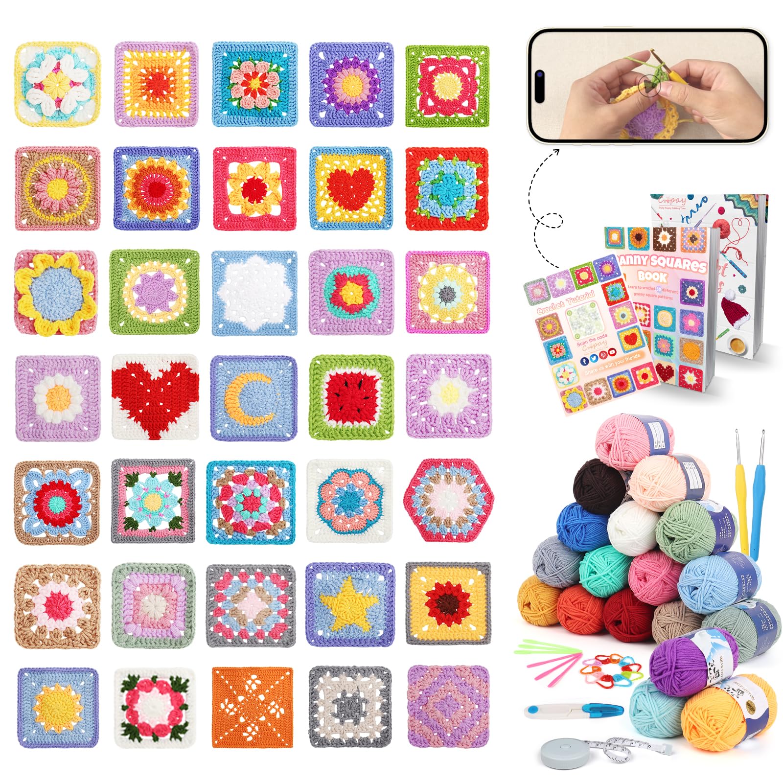 Coopay Crochet Kit for Beginners, Granny Square Crochet Kit W/50 Designs | Compl