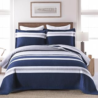SahSahCasa Quilt Queen Size, 100% Cotton Queen Quilt Set, Navy Blue Striped Quilts, Queen Quilted Bedding Set Bedspreads, Lightweight Comforter for Queen Bed, All Season, Navy Blue, 3 Pieces