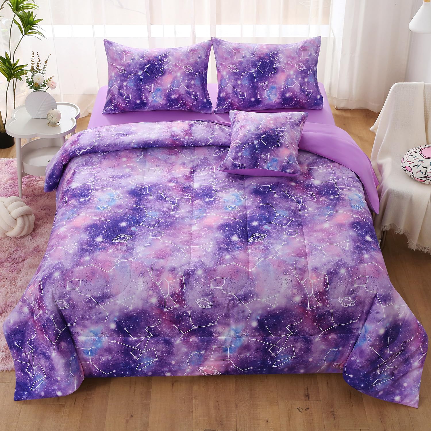 JQinHome Full Gradient Galaxy Comforter Set for Girls,6 Piece Bed in A Bag 3D Co