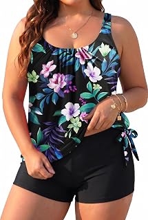 Holipick Women Plus Size Two Piece Tankini Swimsuit Tummy Control Bathing Suits Blouson Tankini Top with Boy Shorts