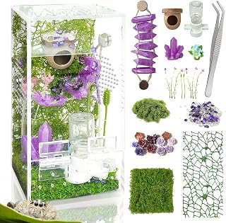 Jumping Spider Enclosure,DIY Insects Habitat,Small Reptile Terrarium Glass House Accessories Set,with Jumping Bridge Hide Water Feeder (Purple)