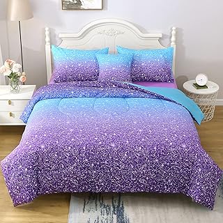 JQinHome Queen Blue Purple Comforter Set, 6 Piece Bed in A Bag 3D Colorful Ombre Bedding Set for Girls Women (1 Comforter,2 Pillowcases,1 Flat Sheet,1 Fitted Sheet,1 Cushion Cover)(Blue Purple)