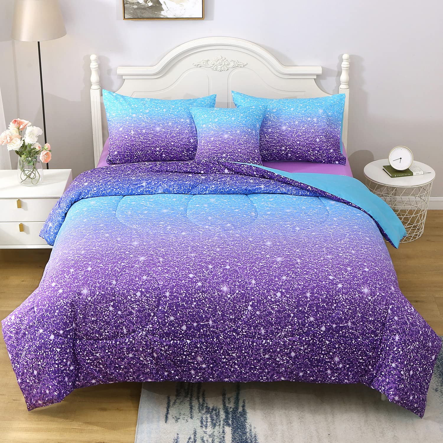 JQinHome Queen Blue Purple Comforter Set, 6 Piece Bed in A Bag 3D Colorful Ombre