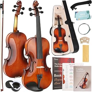 Violin,Kmise 4/4 Full Size Acoustic Violins Solid Ebony Fiddle Set | for Adults Beginners Students with Hard Case,Hygrometer,Violin Bow,Shoulder Rest,Extra Strings,Rosin,Textbook（Orange-red）