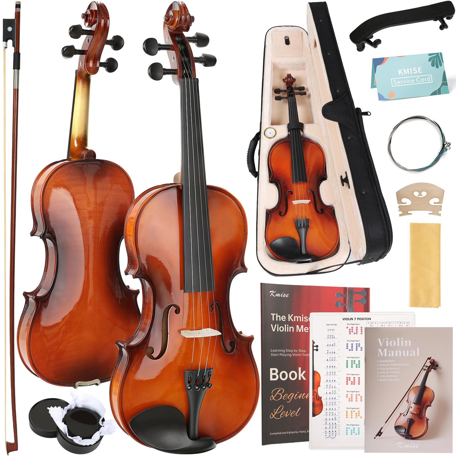 Violin,Kmise 4/4 Full Size Acoustic Violins Solid Ebony Fiddle Set | for Adults 