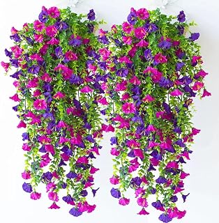 2 Pack Artificial Flowers Wall Hanging for Home Garden Hanging Flower Decoration Wedding Party Decor 74cm (Purple+Red Rose)