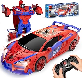 Qumcou Spider-Themed Toys for Boys 3-8,1:16 Transforming Remote Control Car | Easy 2.4GHz Controls, One-Button Transforming RC Cars.Shining Red Blue Light,360° Spins for Indoor Play.Fun Gift for Boys