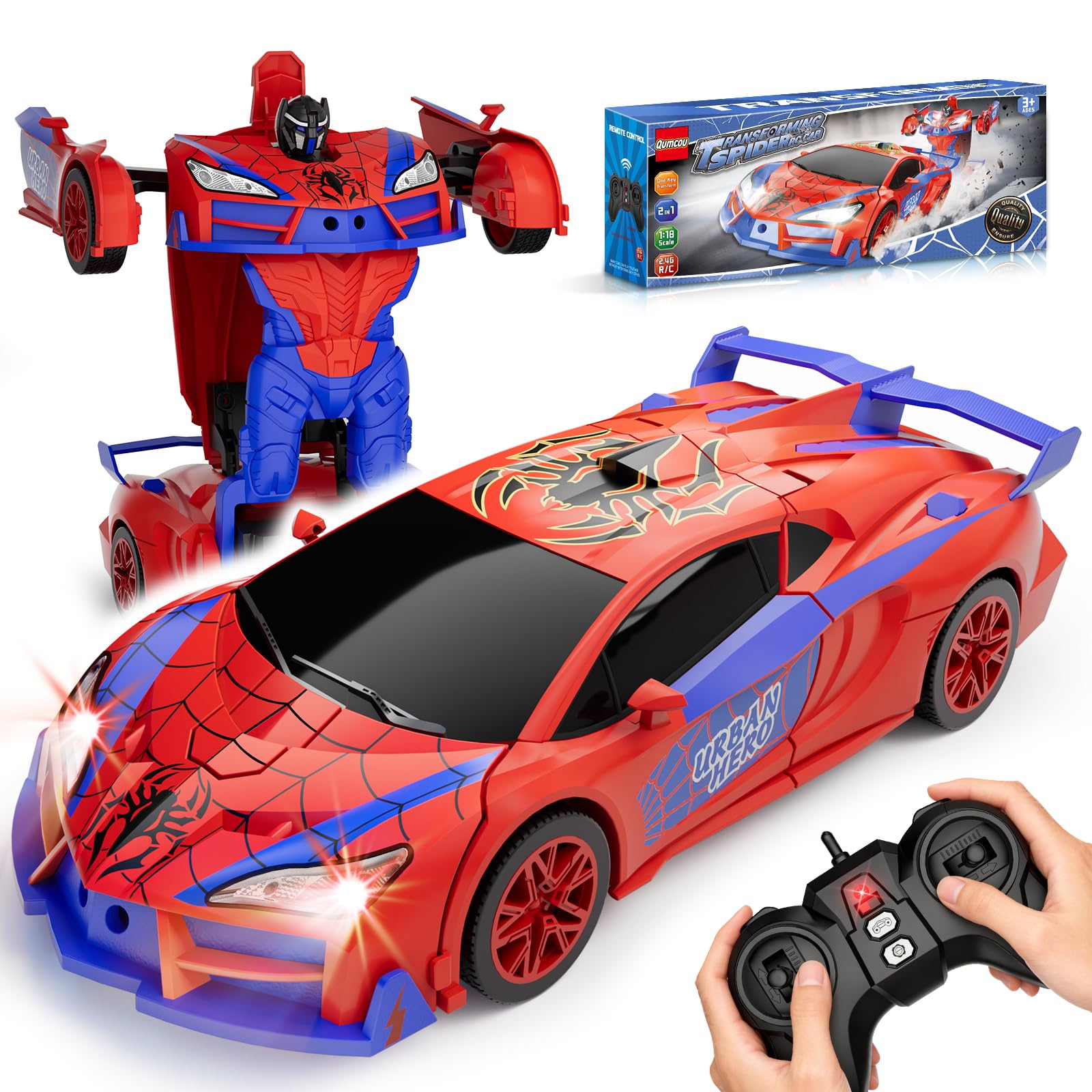 Qumcou Spider-Themed Toys for Boys 3-8,1:16 Transforming Remote Control Car | Ea