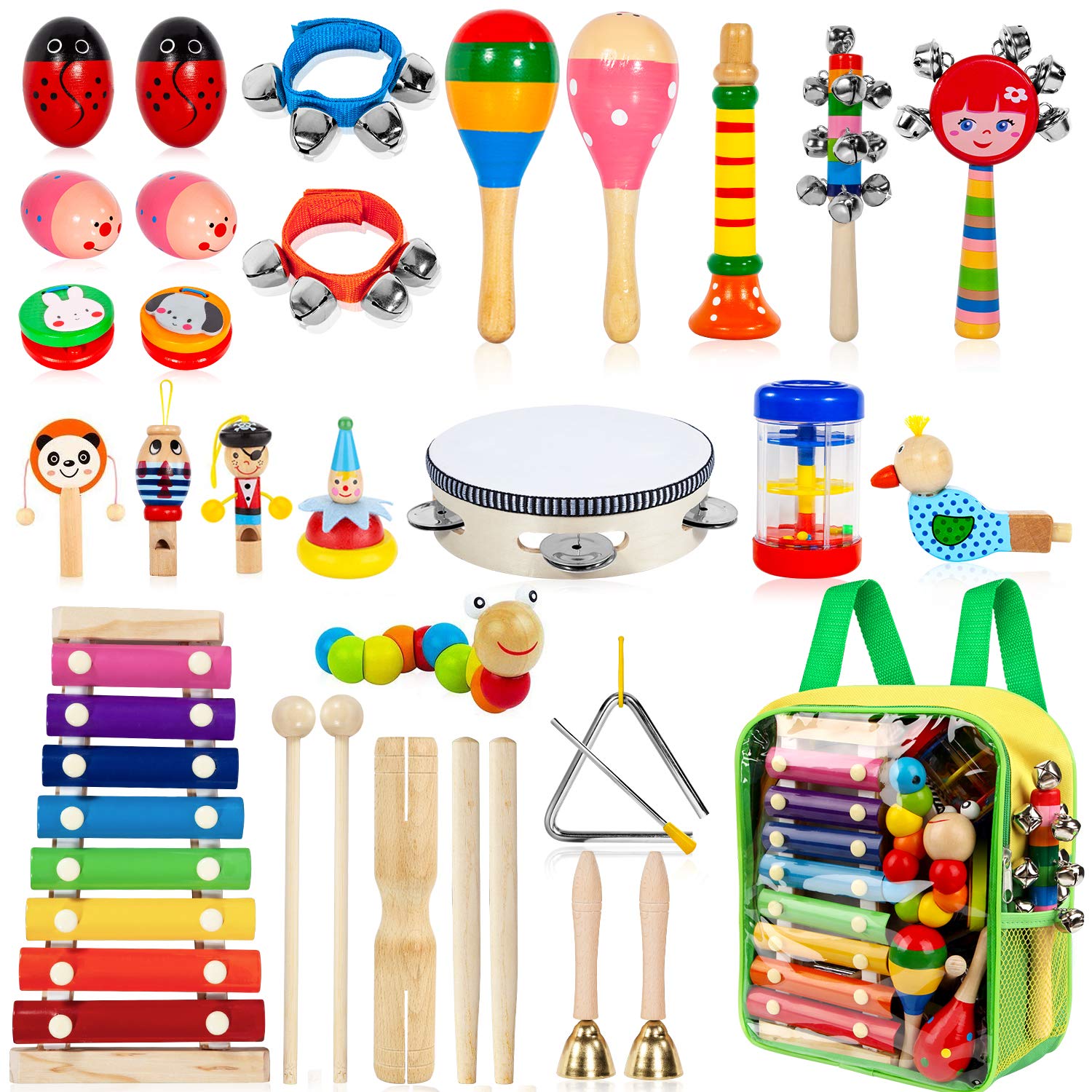 Kids Musical Instruments, 33Pcs 18 Types Wooden Percussion Instruments Tambourin