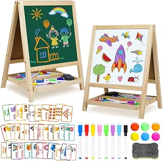 4 in 1 Tabletop Painting Art Kids Easel 3 4 5 Double-Sided Drawing Board | Dry White Board & Chalkboard Markers Flash Cards Wooden Magnetic Art Easel Educational Birthday Gift 3 4 5 6 Boy Girl Toys