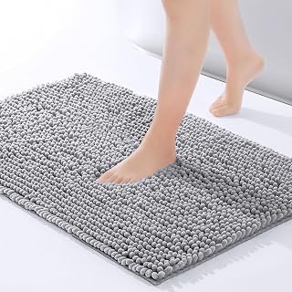 Moonlight Bedding Bath Mat Non Slip Anti Mould - Chenille Shower Mat Grey 40 x 60 cm Super Absorbent Bathroom Mat Machine Washable Extra Soft Fluffy Bathmat