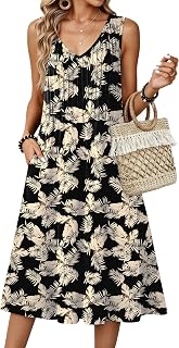 Zeagoo Women Summer Casual Dresses 2026 Sleeveless Midi Pleated Tank Sundress with Pockets V Neck A Line Swing Tshirt Dress